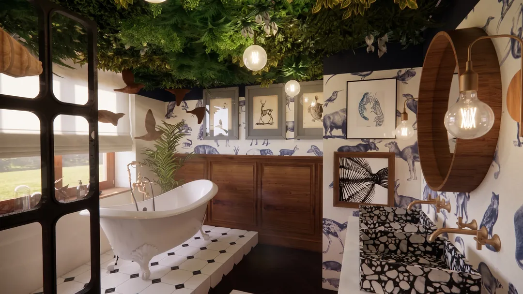 Salle de bains du Studio Augustus : baignoire, papier peint animalier, plafond végétal